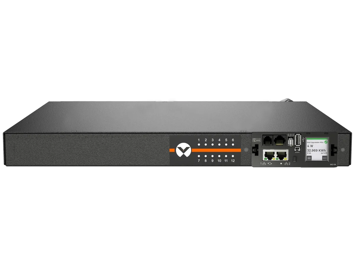 Vertiv Geist PDU, Monitored (Unit Level), EC, 1U, input IEC 60320 C20 power inlet 100-240V 16A or 20A, Combi Outlets (12)C13/C19