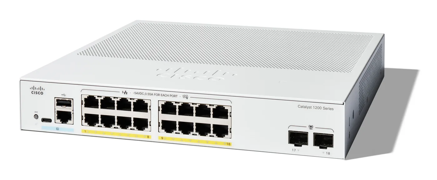 Cisco CATALYST 1200 16-PORT GE POE/2X1G SFP — przełącznik LAN zarządzalny 16 portów PoE+