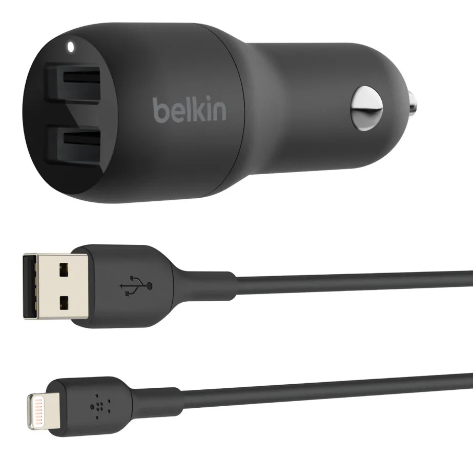 Belkin DUAL USB-A CHARGER CAR/W/LIGHTNING CABLE 1M 24W BLACK — kabel USB