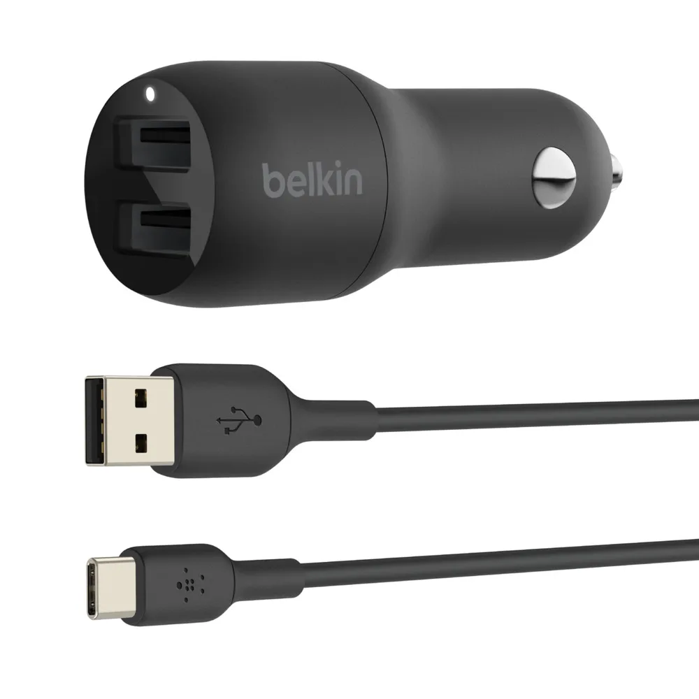 Belkin DUAL USB-A CHARGER CAR/W/USB-C CABLE 1M 24W BLACK — kabel USB