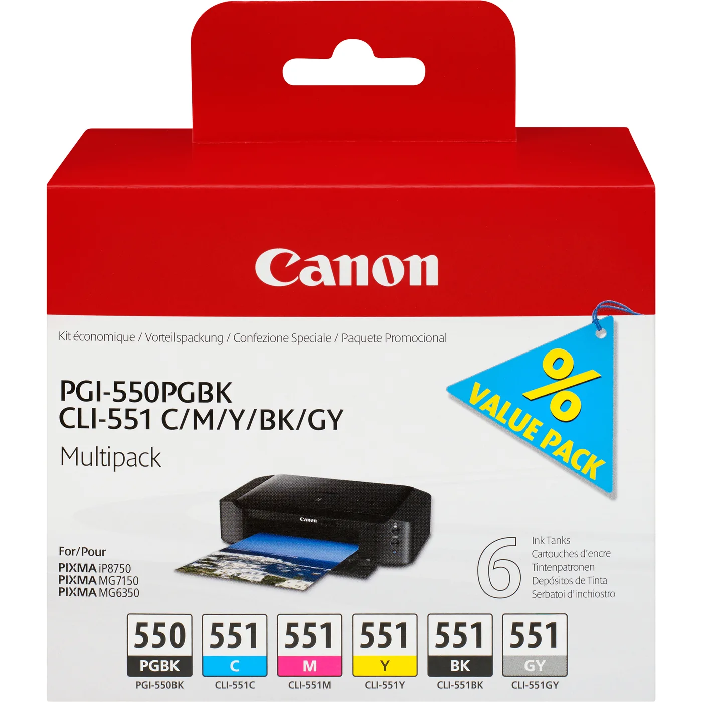 Canon PGI-550/CLI-551PGBK/C/M/Y/BK/GY/MULTI PACK/VALUE PACK NON-BLIST — tusz