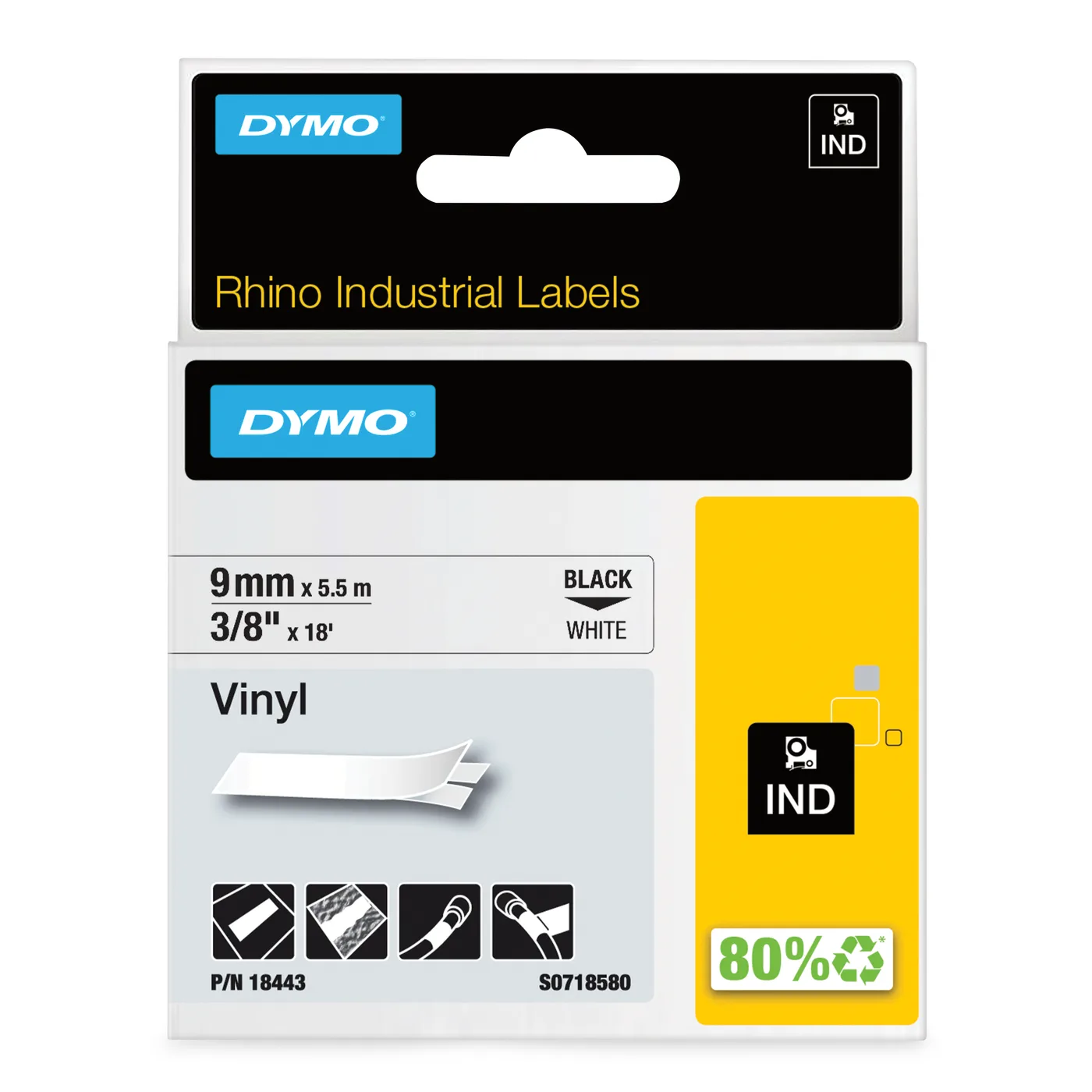 Dymo RHINO TAPE VINYL 9MM/5.5M/BLACK ON WHITE — materiał do drukarek etykiet