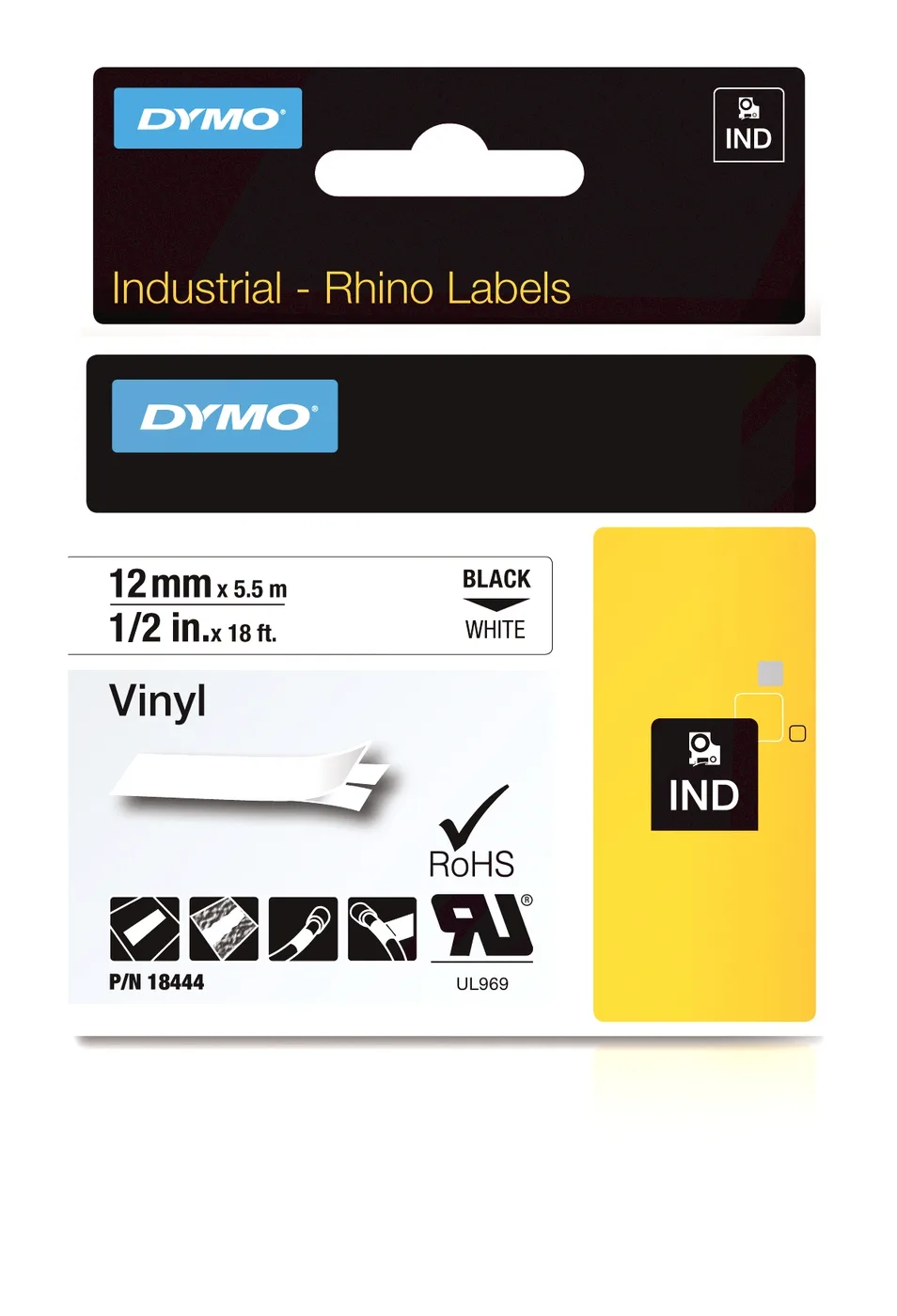 Dymo RHINO TAPE VINYL 12MM/5.5M/BLACK ON WHITE — materiał do drukarek etykiet