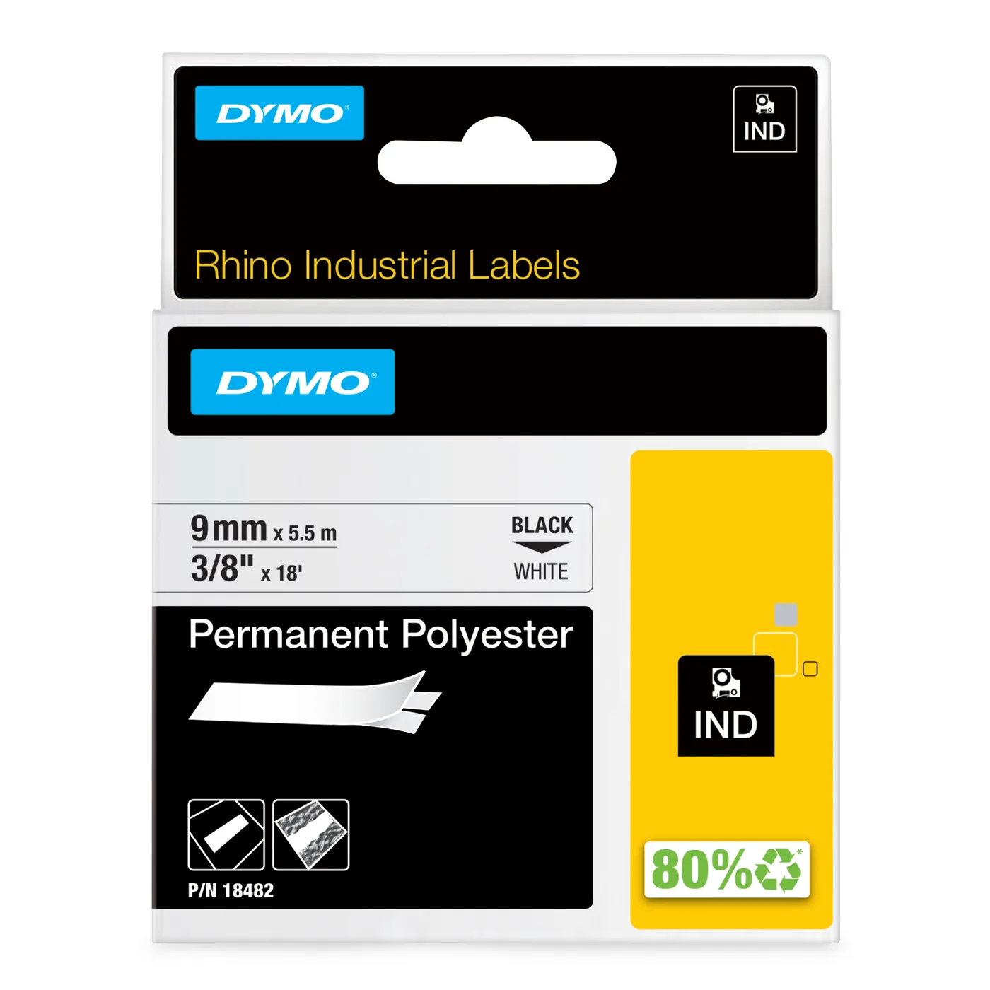 Dymo RHINO TAPE POLYESTER 9MMX5.5MM/BLACK ON WHITE IN — materiał do drukarek etykiet