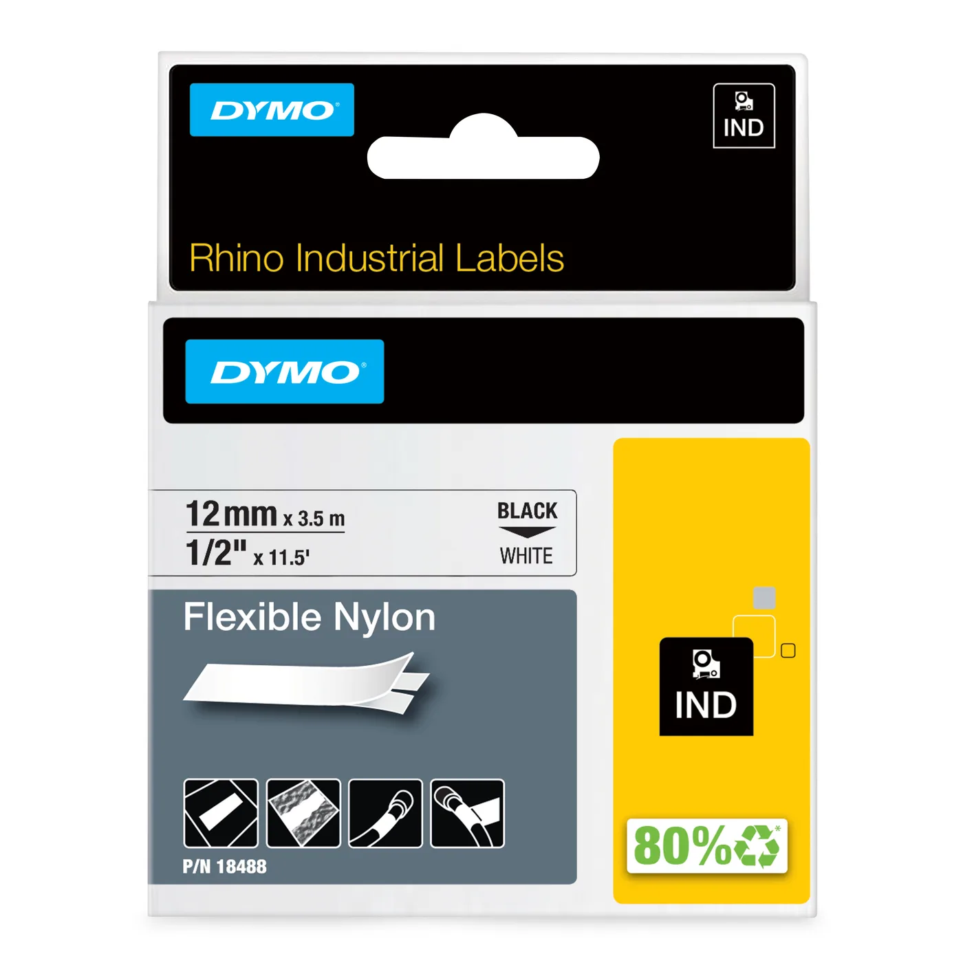 Dymo RHINO TAPE NYLON 12MM/3.5M/BLACK ON WHITE — materiał do drukarek etykiet