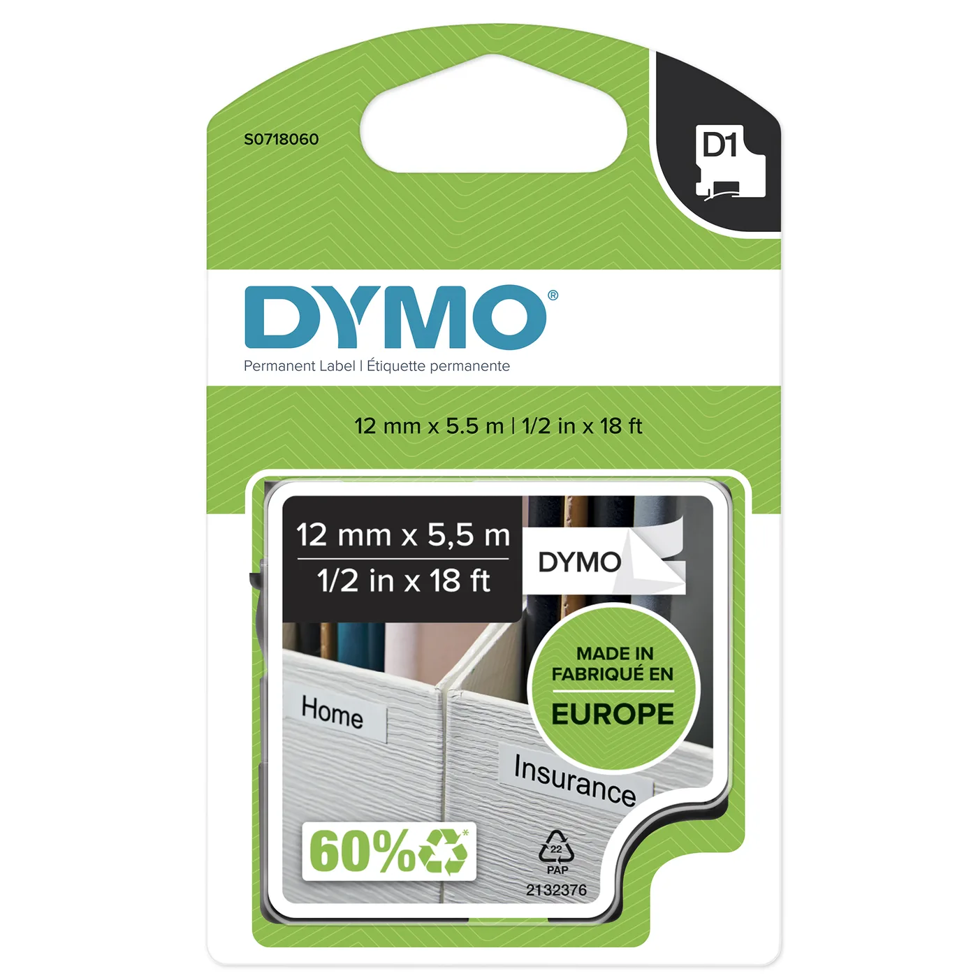 Dymo D1-TAPE POLYESTER 12MM X 5.5M/BLACK ON WHITE — materiał do drukarek etykiet