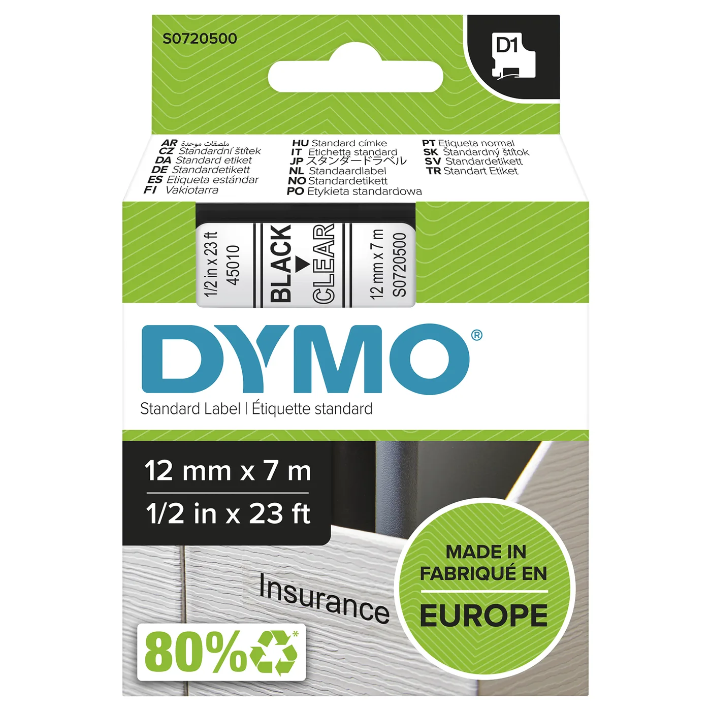 Dymo D1-TAPE 12MM X 7M/BLACK ON TRANSPARENT — materiał do drukarek etykiet