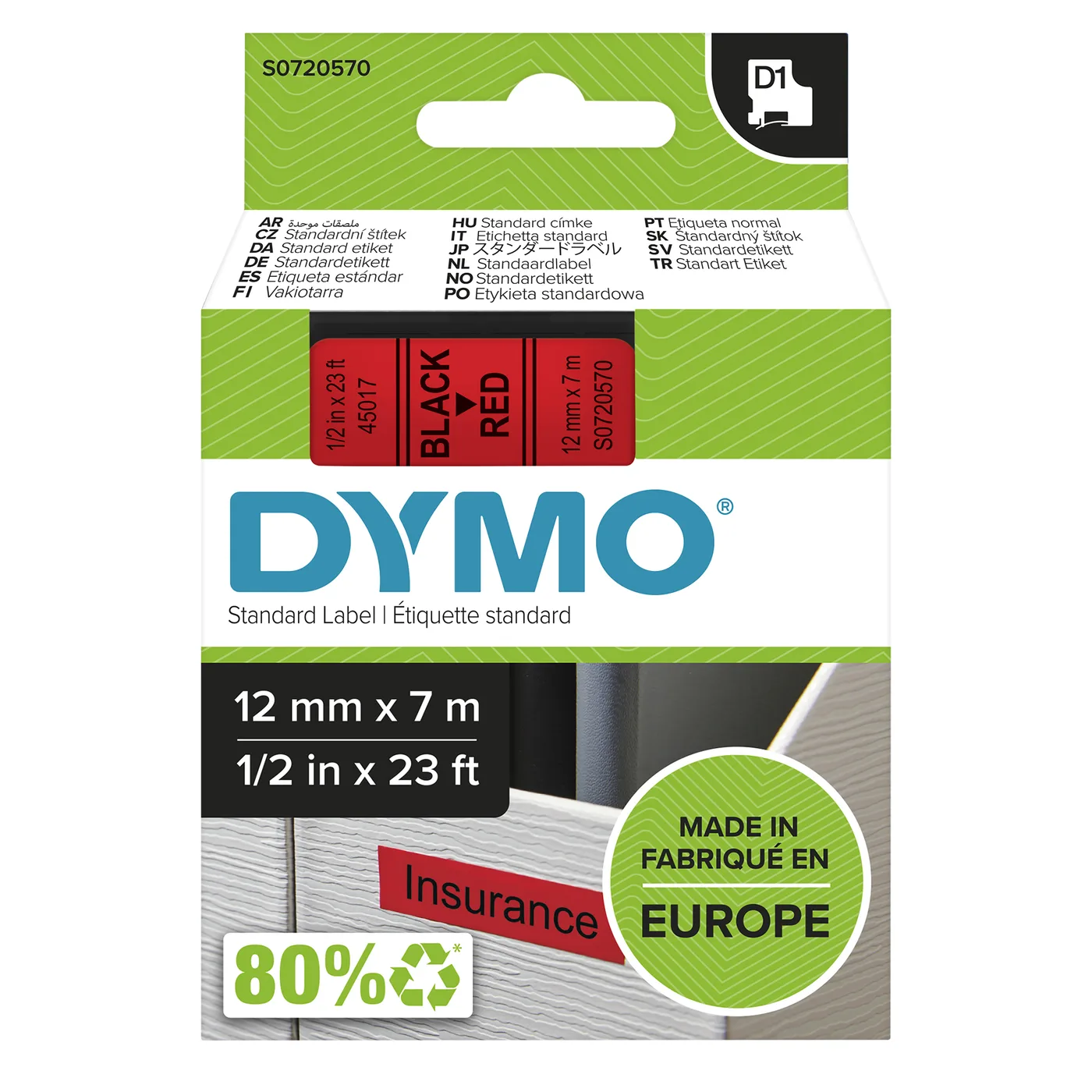 Dymo D1-TAPE 12MM X 7M/BLACK ON RED — materiał do drukarek etykiet