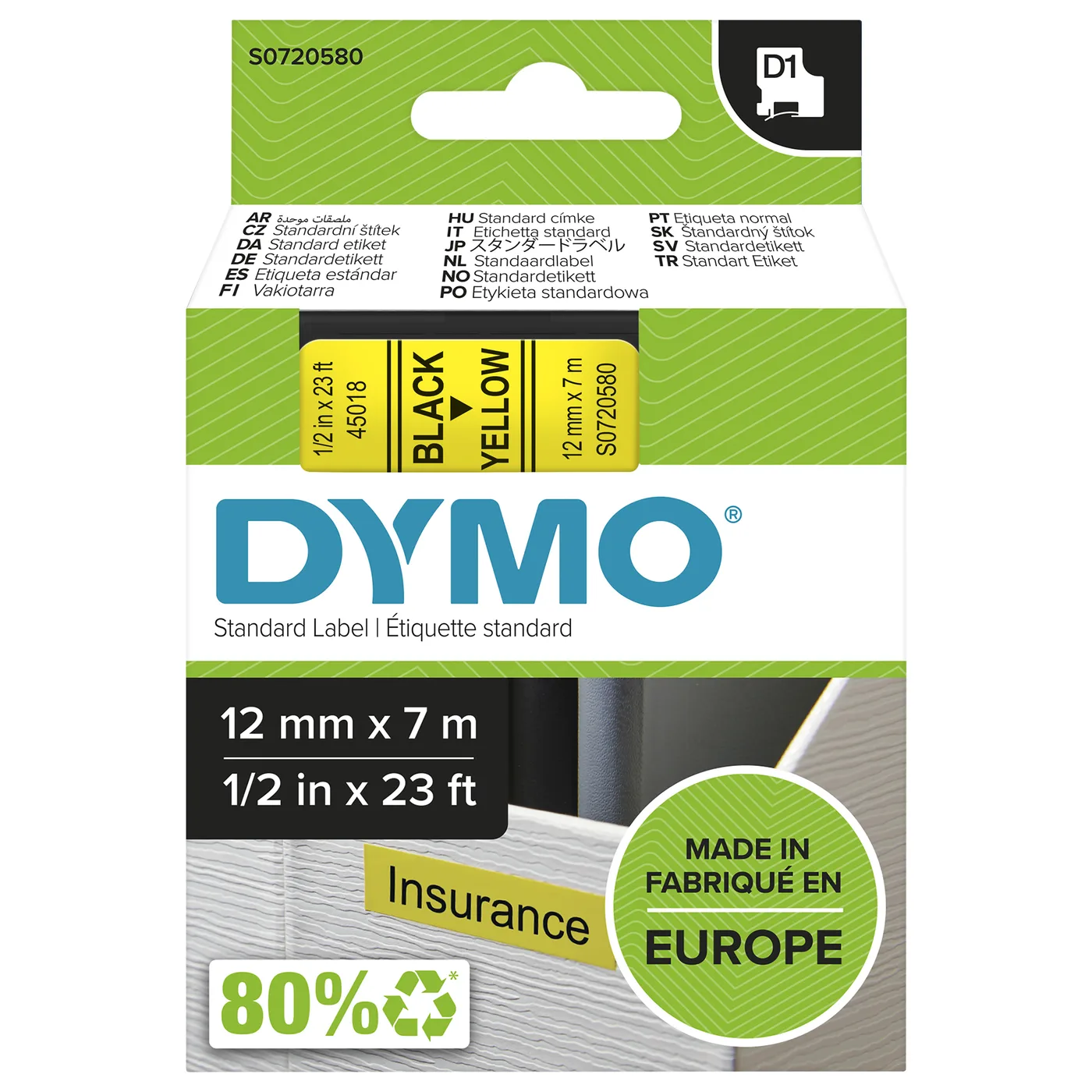 Dymo D1-TAPE 12MM X 7M/BLACK ON YELLOW — materiał do drukarek etykiet