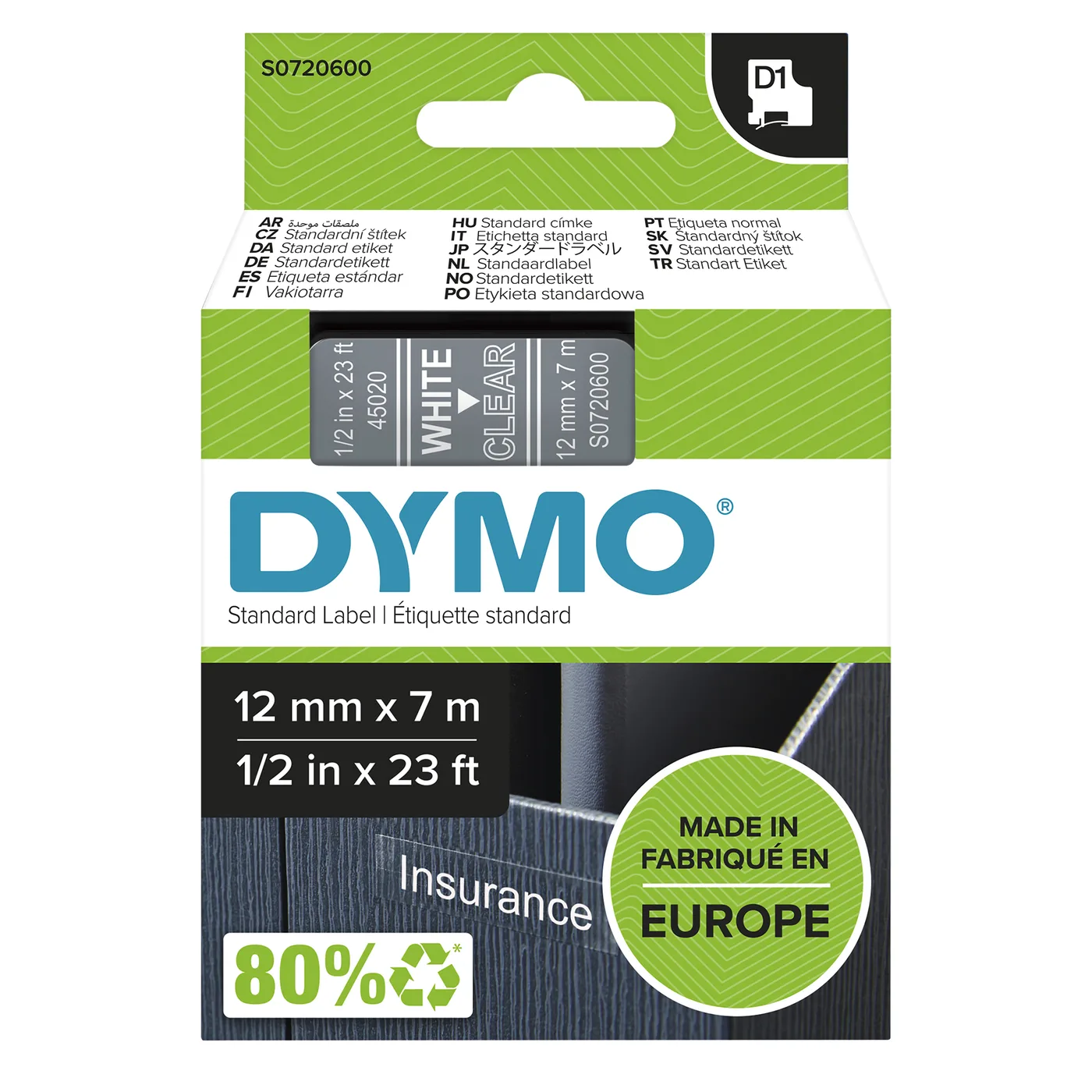 Dymo D1-TAPE 12MM X 7M/WHITE ON TRANSPARENT — materiał do drukarek etykiet
