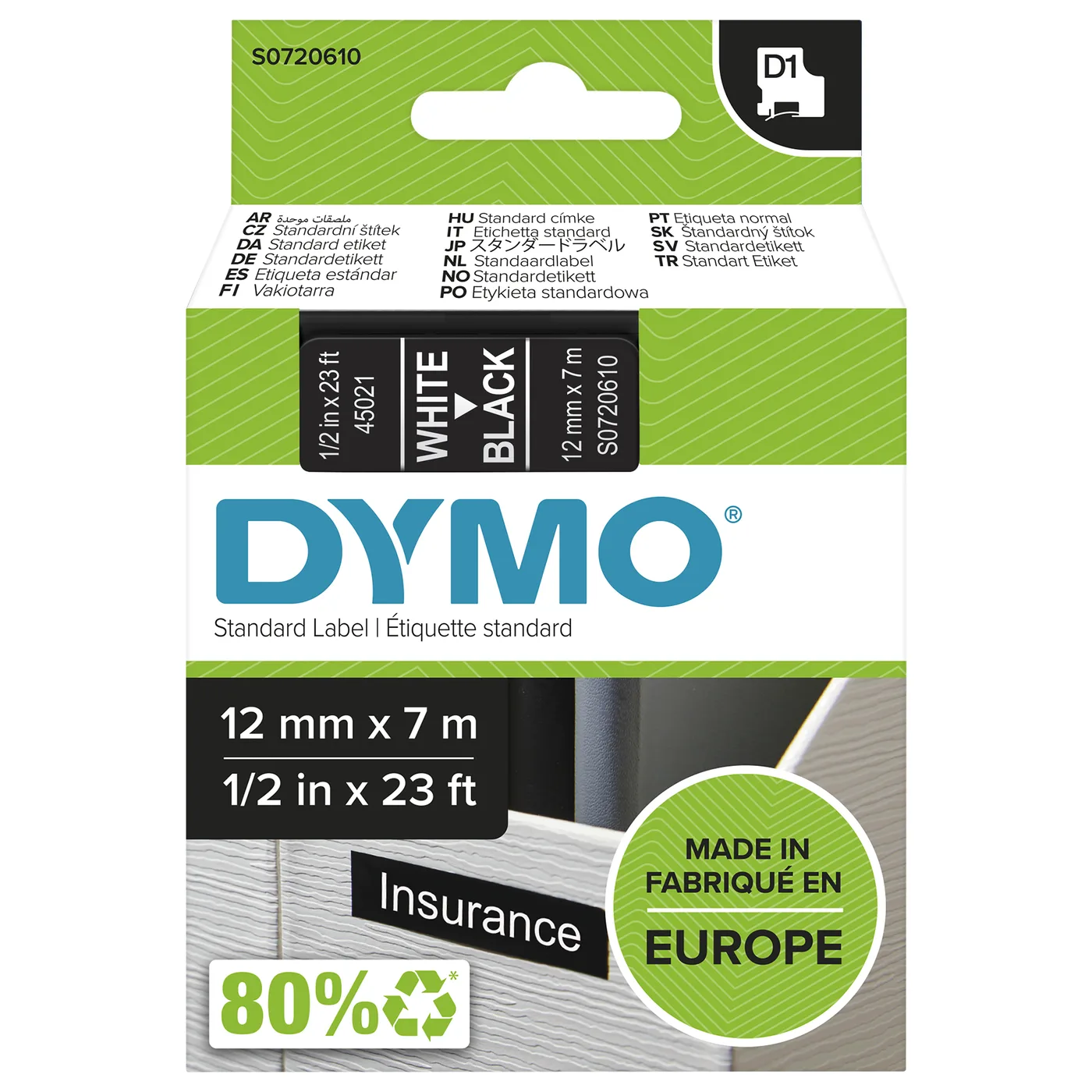 Dymo D1-TAPE 12MM X 7M/WHITE ON BLACK — materiał do drukarek etykiet