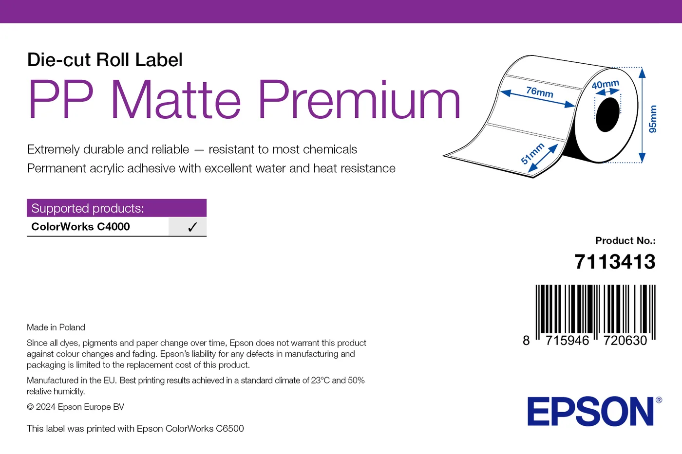 Epson PP MATTE LABEL PREM DIE-CUT/ROLL 76X51MM 535 LABELS — materiał do drukarek etykiet