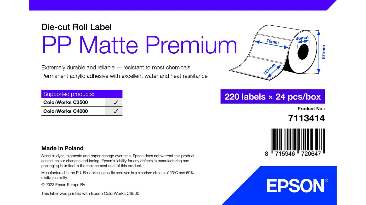 Epson PP MATTE LABEL PREM DIE-CUT/ROLL 76X127MM 220 LABELS — materiał do drukarek etykiet