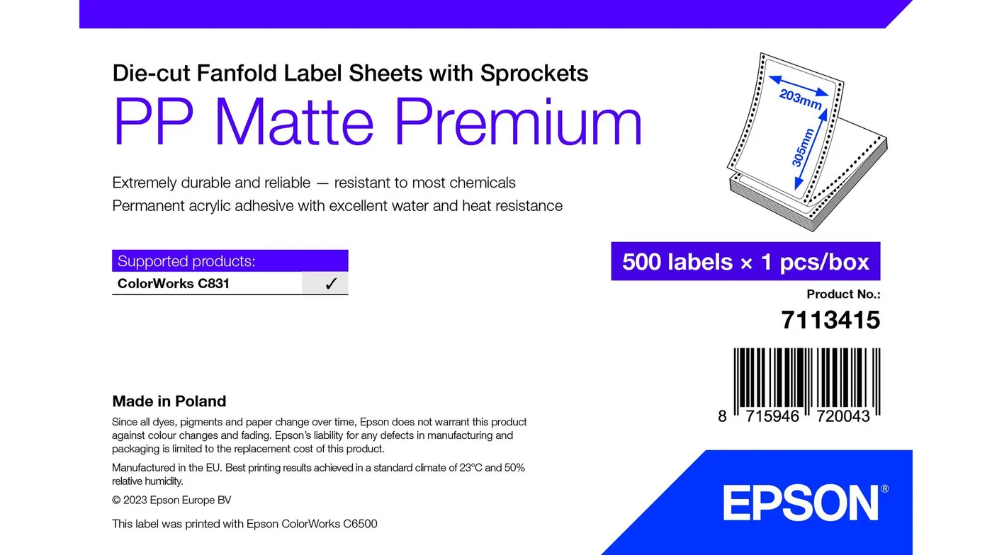 Epson PP MATTE LABEL PREM DIE-CUT/FANFOLD SHEETS WITH SPROCKETS 20 — materiał do drukarek etykiet