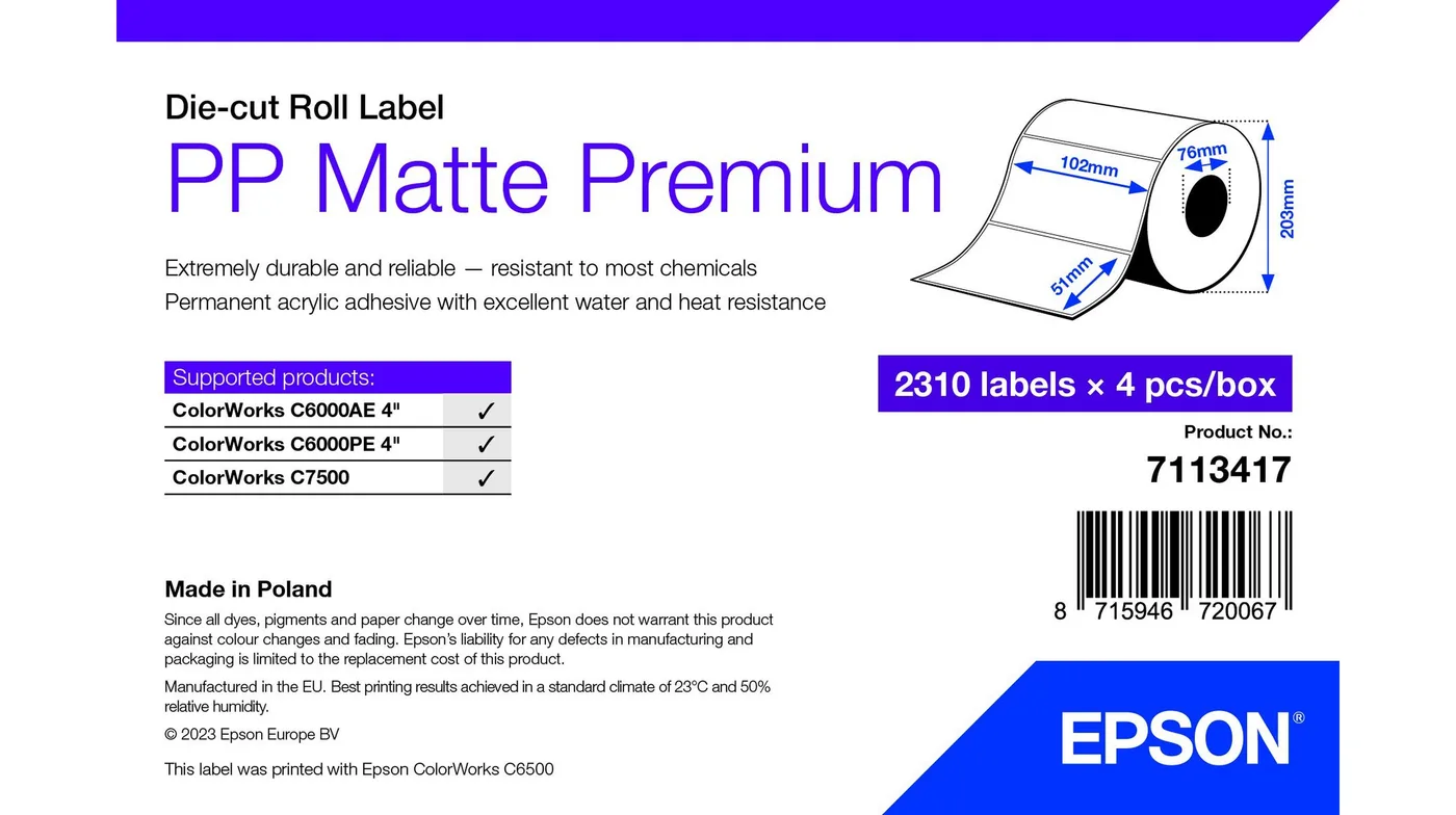 Epson PP MATTE LABEL PREM DIE-CUT/ROLL 102X51MM 2310 LABELS — materiał do drukarek etykiet