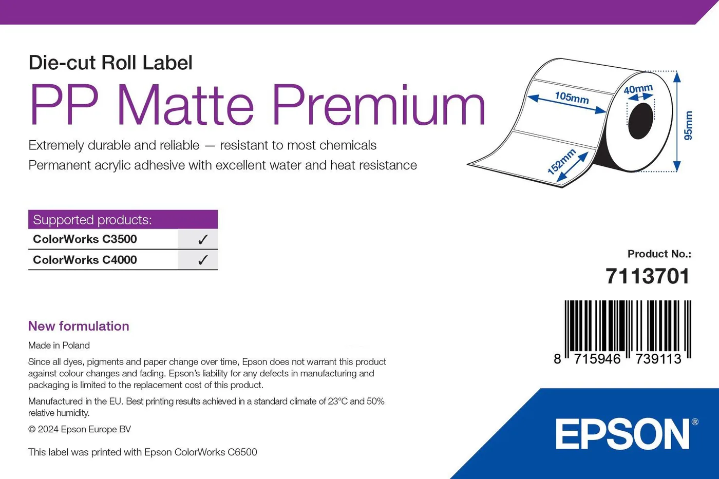 Epson PP MATTE LABEL PREMIUM DIE-CUT/ROLL 105MM X 152MM 185 LABELS — materiał do drukarek etykiet