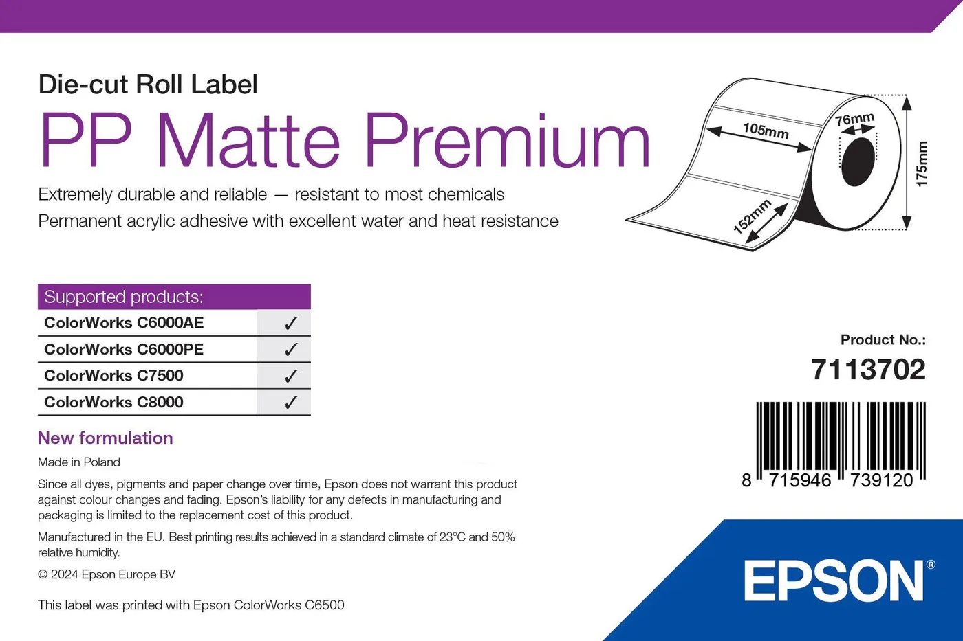 Epson PP MATTE LABEL PREMIUM DIE-CUT/ROLL 105MM X 152MM 800 LABELS — materiał do drukarek etykiet