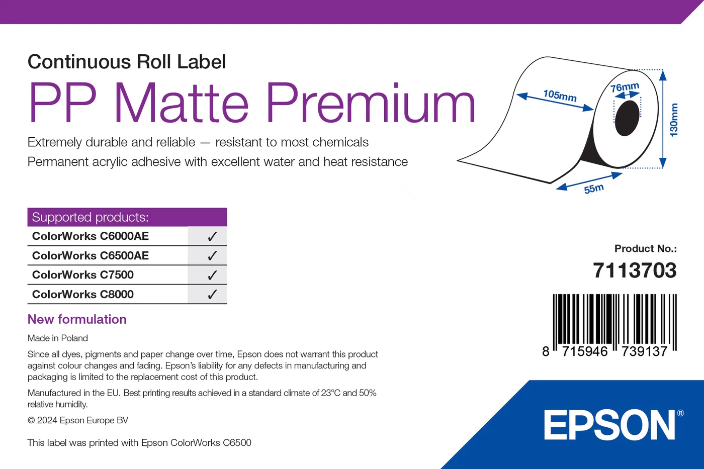 Epson PP MATTE LABEL PREMIUM/CONTINUOUS ROLL 105MM X 55M — materiał do drukarek etykiet