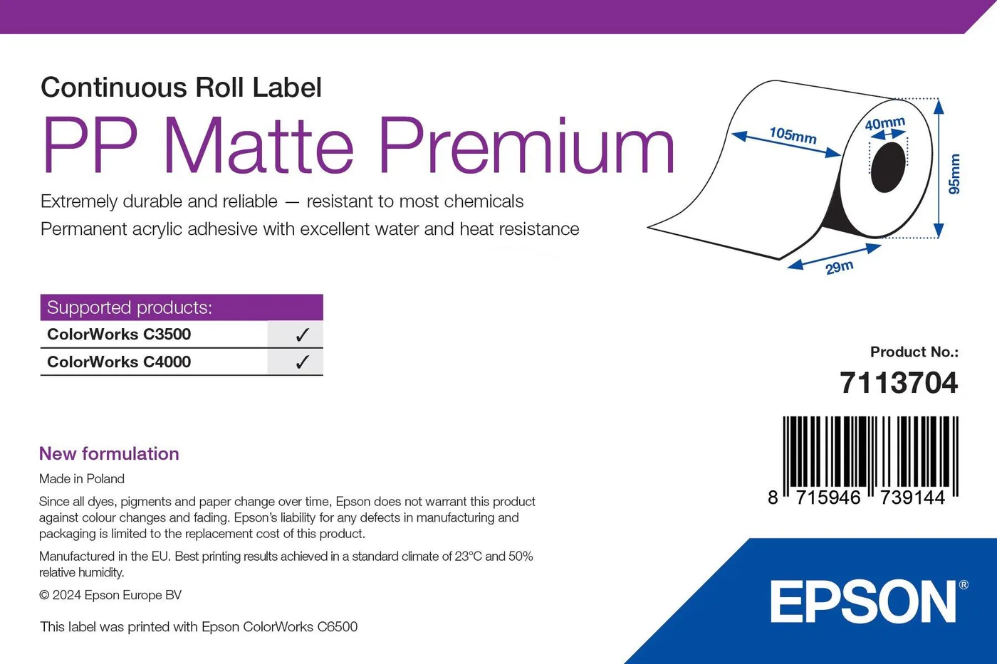 Epson PP MATTE LABEL PREMIUM/CONTINUOUS ROLL 105MM X 29M — materiał do drukarek etykiet