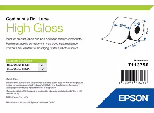 Epson HIGH GLOSS LABEL CONTINUOUS/ROLL 102MM X 33M — materiał do drukarek etykiet