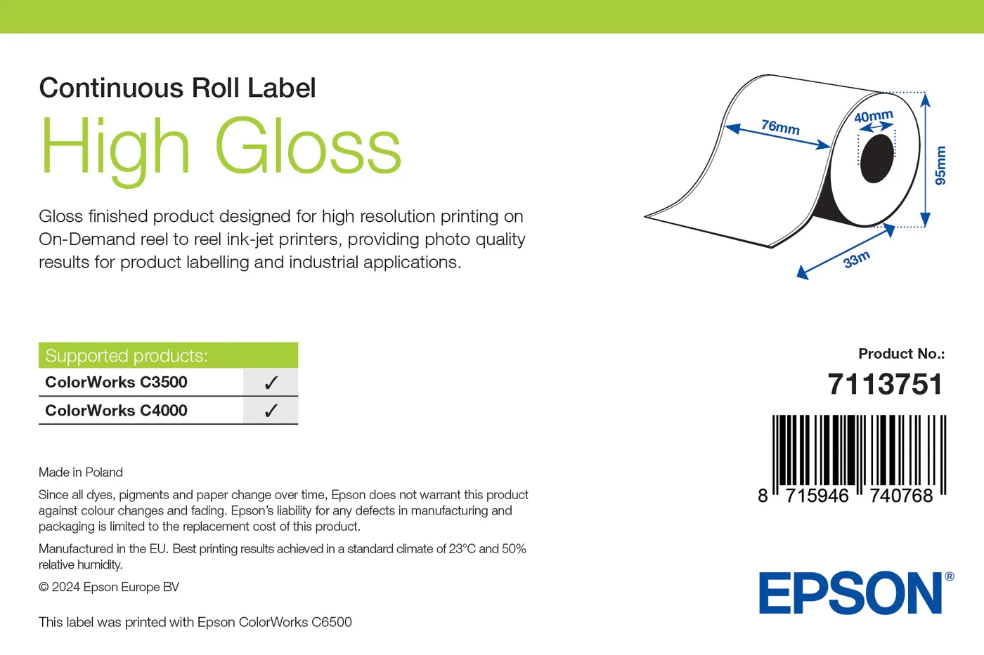 Epson HIGH GLOSS LABEL CONTINUOUS/ROLL 76MM X 33M — materiał do drukarek etykiet