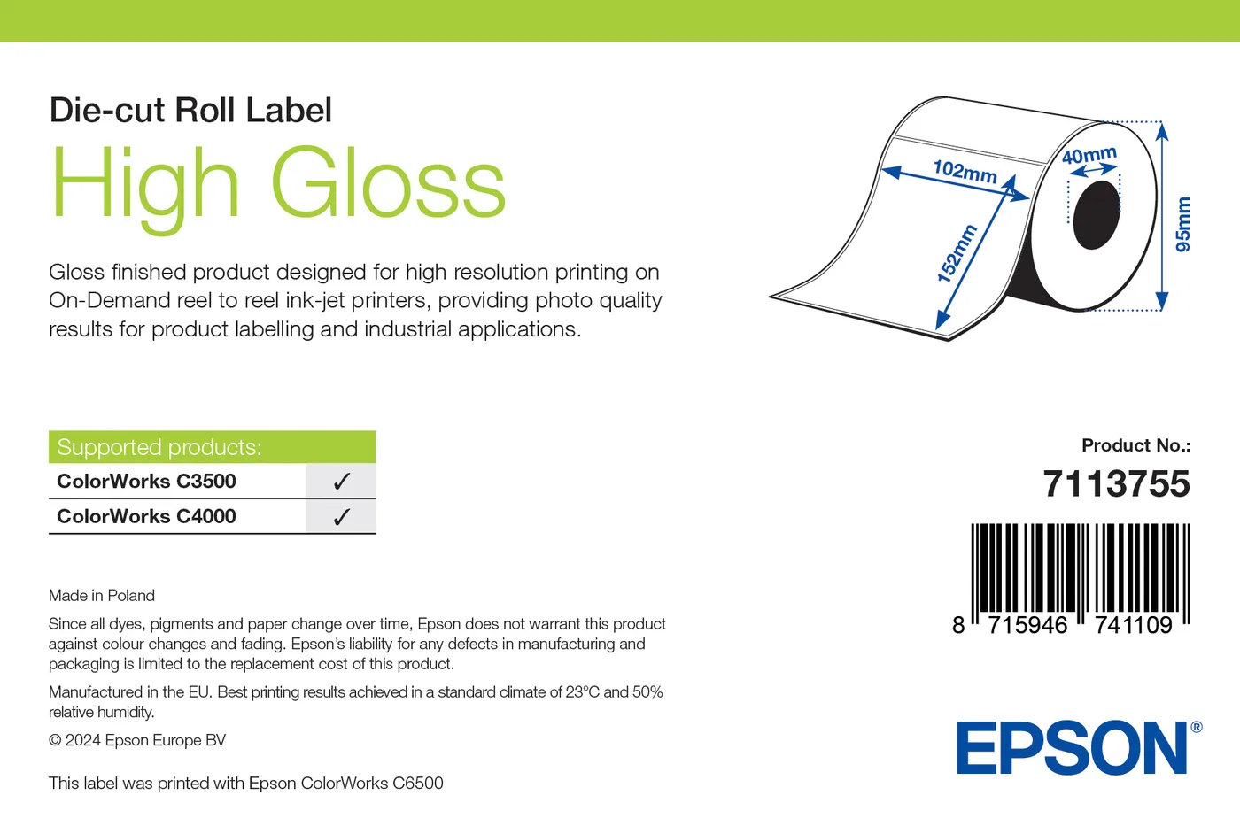 Epson HIGH GLOSS LABEL DIE-CUT ROLL/102MM X 152MM 210 LABELS — materiał do drukarek etykiet