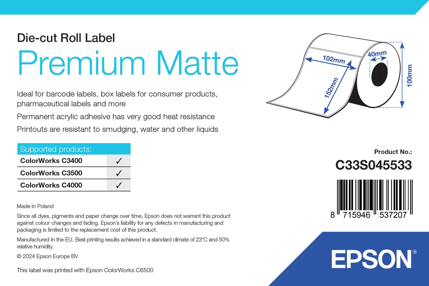 Epson Premium Matte Label - Die-cut Roll: 102mm x 152mm, 225 labels — materiał do drukarek etykiet