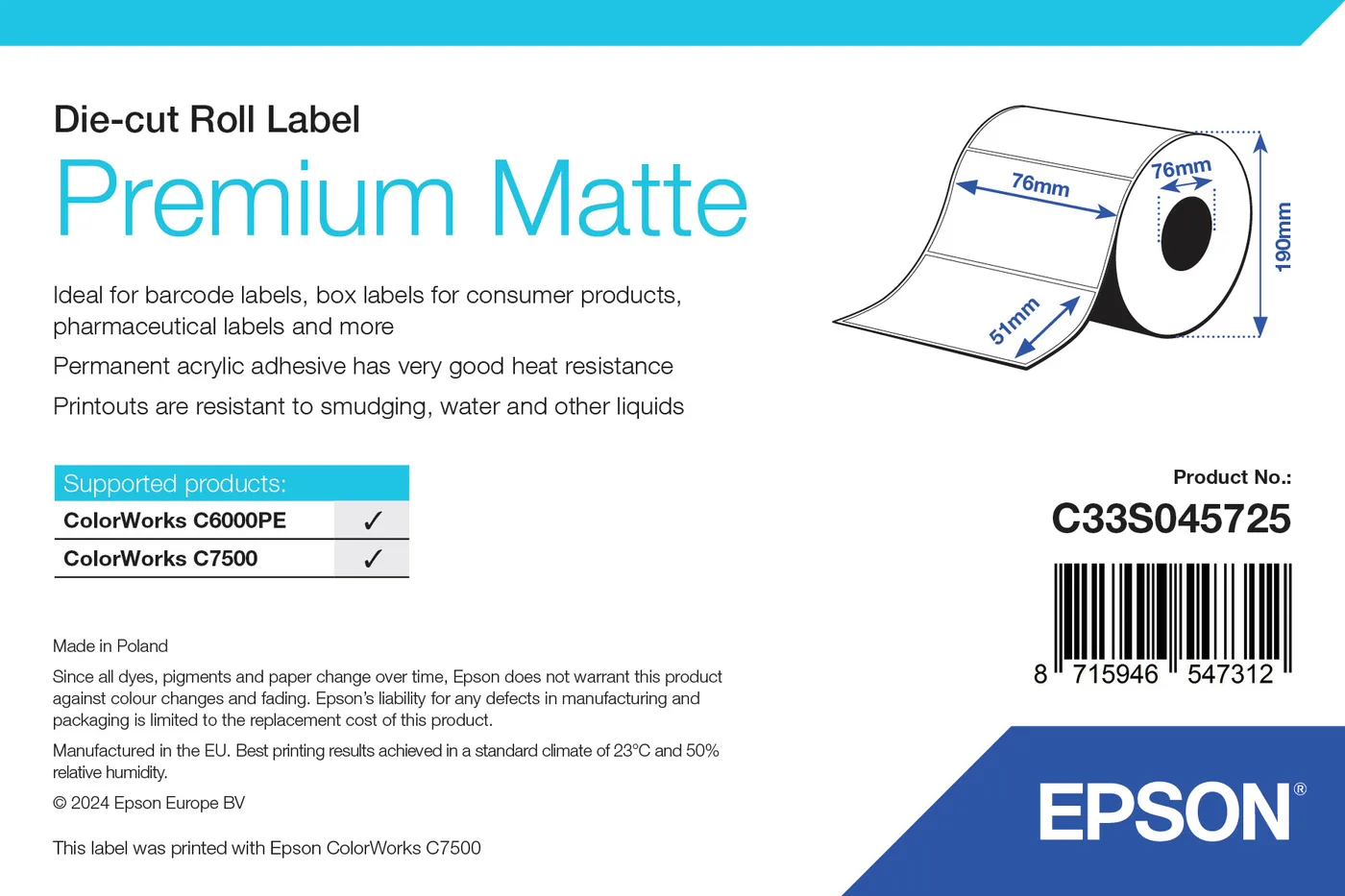 Epson Premium Matte Label - Die-cut Roll: 76mm x 51mm, 2310 labels — materiał do drukarek etykiet