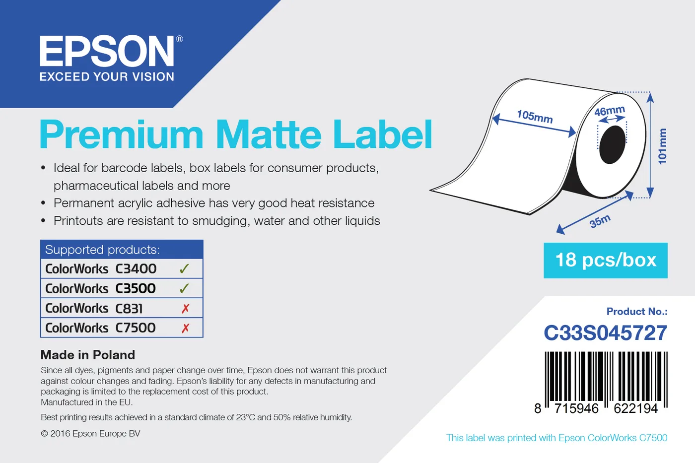 Epson Premium Matte Label Cont.R, 105mm x 35m — materiał do drukarek etykiet