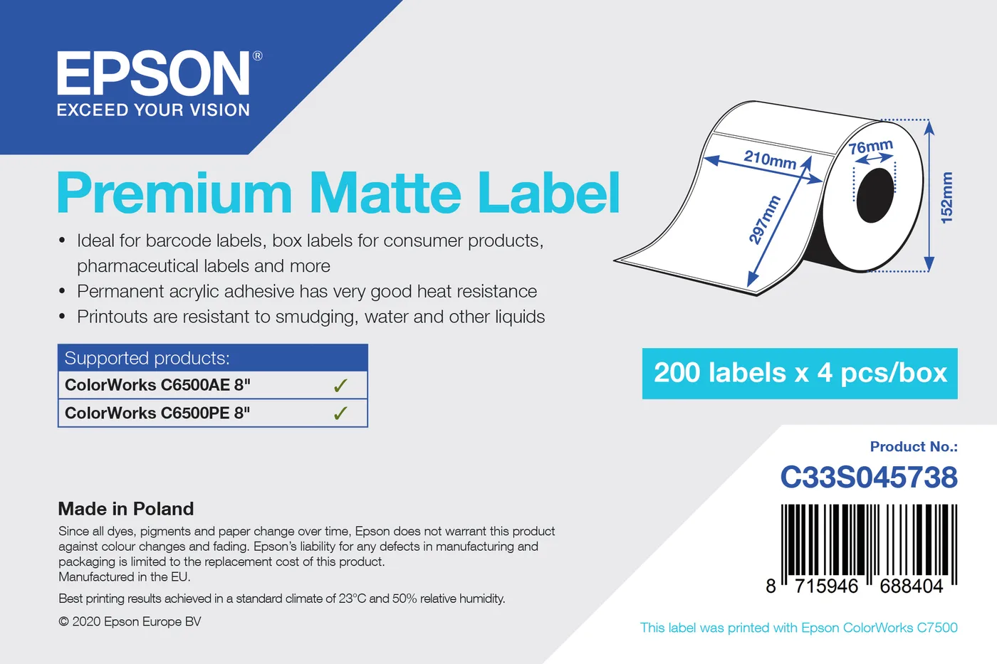 Epson PREMIUM MATTE LABEL DIE CUTROLL/210MMX297MM 200 LABELS — materiał do drukarek etykiet