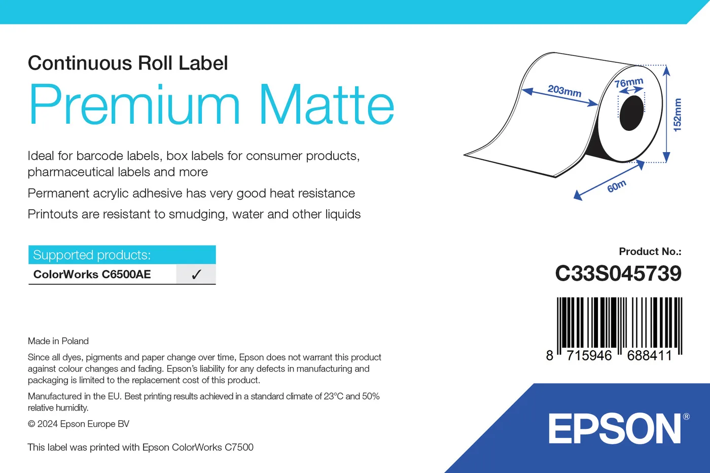 Epson PREMIUM MATTE LABEL CONTINUOUS/ROLL 203MMX60M — materiał do drukarek etykiet