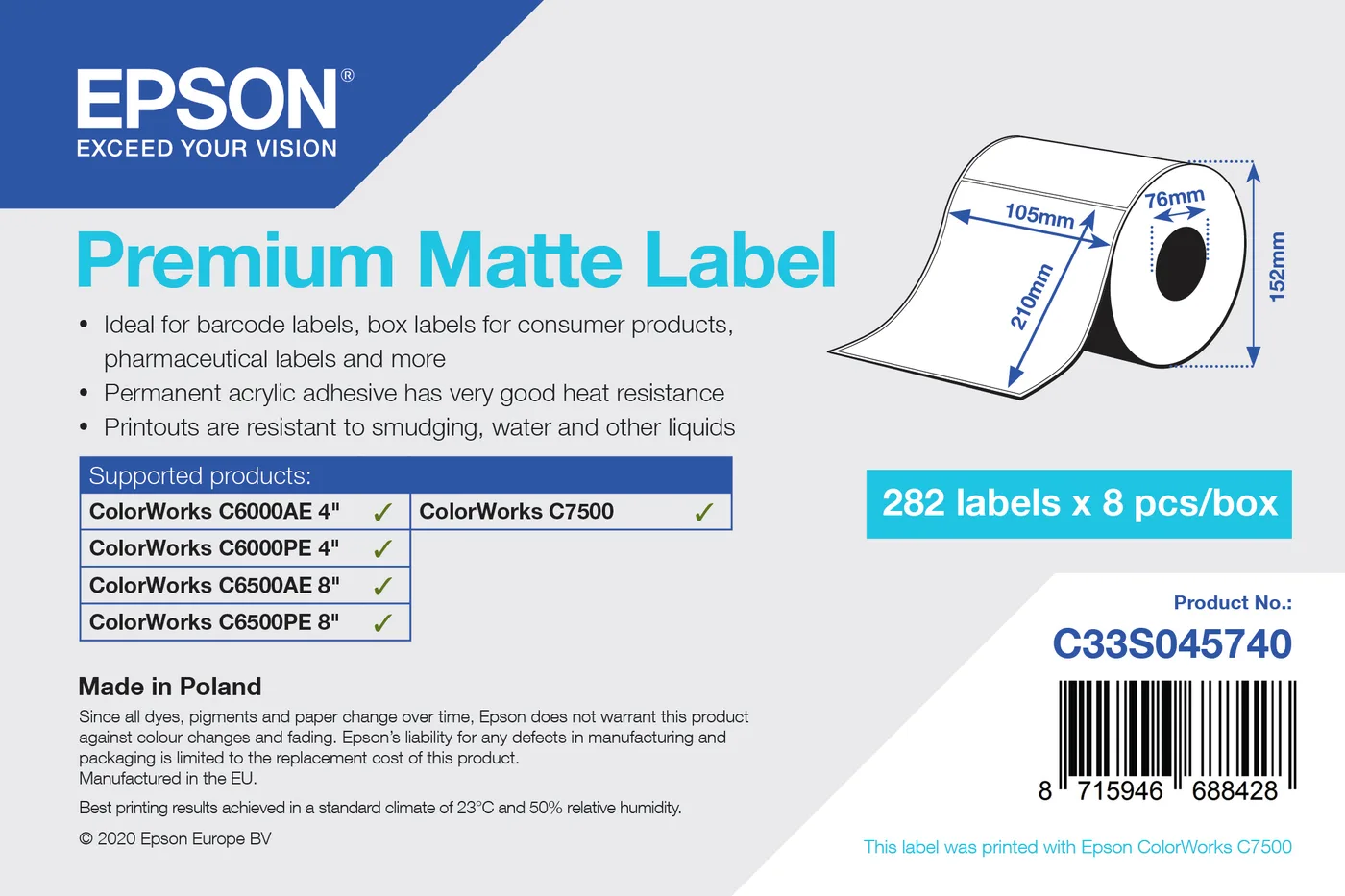 Epson PREMIUM MATTE LABEL DIE-CUTROLL/105MMX210MM 282 LABELS — materiał do drukarek etykiet