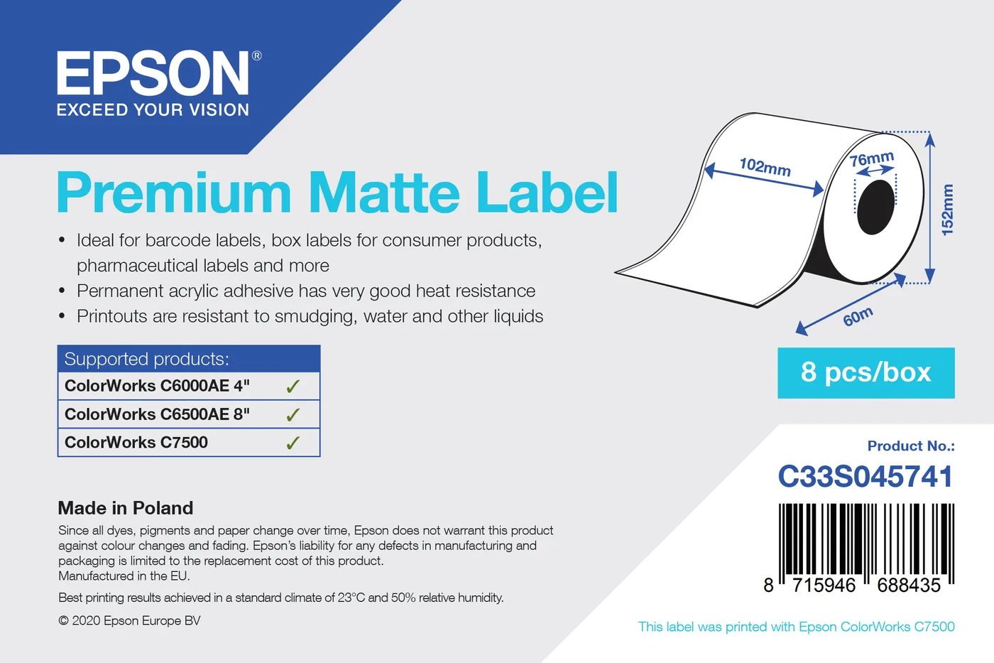 Epson PREMIUM MATTE LABEL CONTINUOUS/ROLL 102MMX60M — materiał do drukarek etykiet