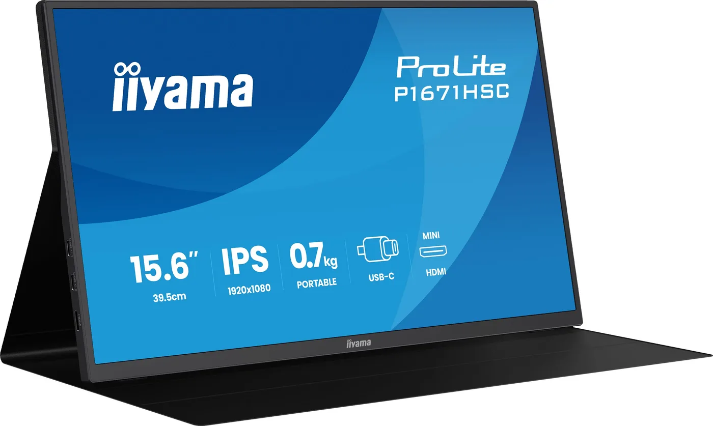iiyama Portable monitor P1671HSC-B1 15,6, 1920x1080, 250cd/m², 2x USB-C, mHDMI, Speakers, leather cover / stand — monitor LCD 15,6" IPS Full HD