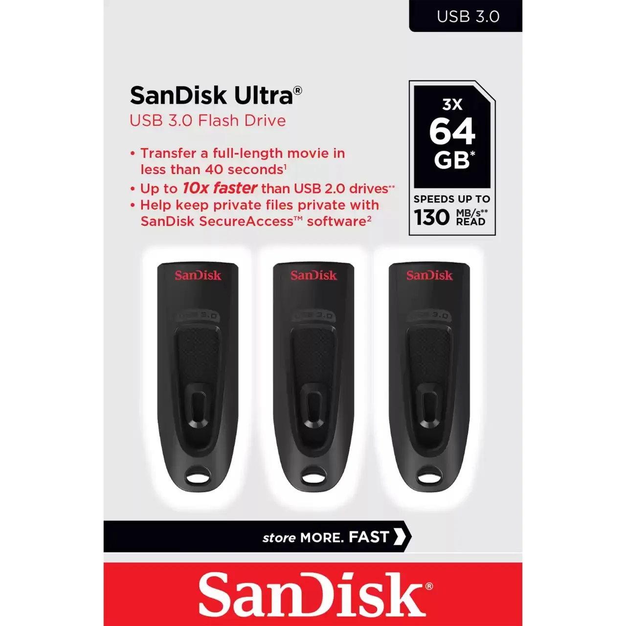 SanDisk ULTRA 64GB USB 3.0 FLASH DRIVE/130MB/S READ 3 PACK (BLACK) — pendrive USB