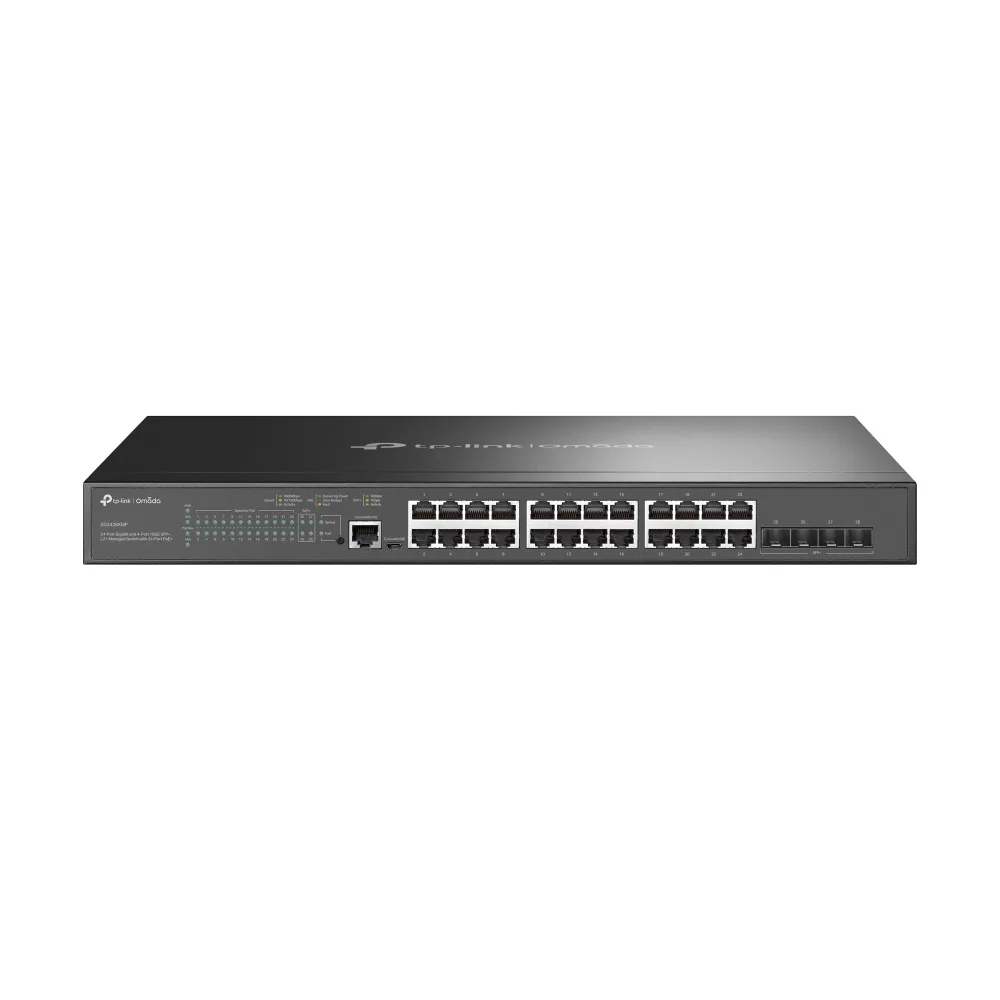TP-Link 24-PORT GIGABIT POE+ L2+ SWITCH/4X 10GE SFP+ — przełącznik LAN zarządzalny 24 portów